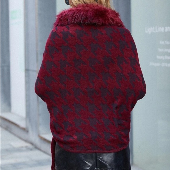 Classic Burgundy Houndstooth Vegan Fur Cardigan - Picture 2 of 13